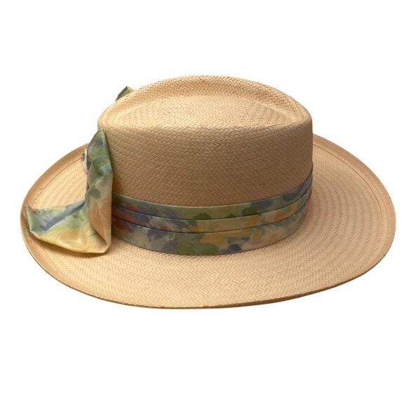 Derby Cap Womens Pink Straw Sun Hat With Floral Ribbon Bow Accent One Size - Picture 3 of 8